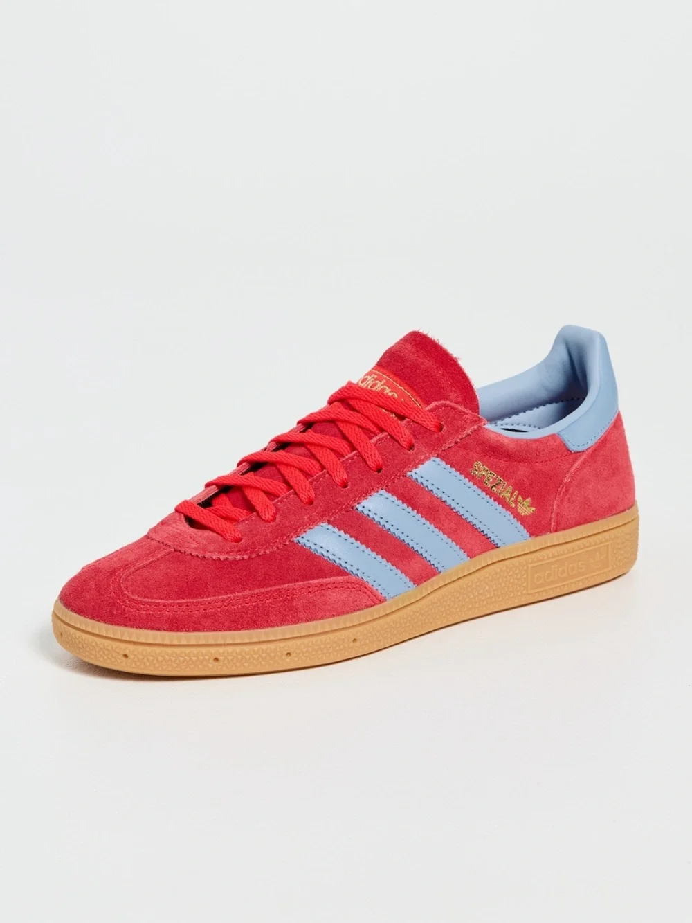 Women’s Red Adidas Spezial Sneakers with Light Blue Stripes